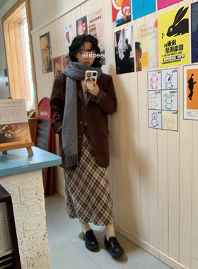 清仓！ifbeer奶酪黄复古格子裙高腰ins韩半身裙秋冬长款女宽松