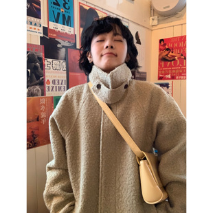 ifbeer圈圈毛呢夹棉立领大衣冬复古中长款绿色宽松厚外套女韩ins