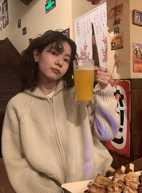 ifbeer米色50羊毛毛衣翻领宽松拉链针织衫开衫外套复古女ins冬韩