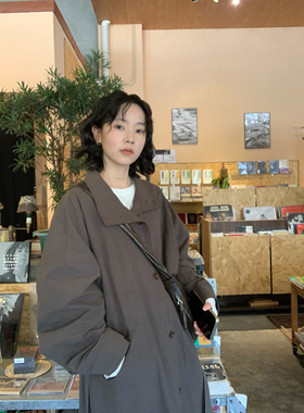 ifbeer翻领立领两穿灰绿色ins韩版长款宽松系带风衣大衣外套女秋