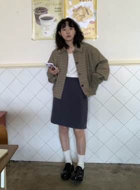 ifbeer复古灰蓝色韩版五分裙高腰短裙ins松紧半身裙夏季显瘦女