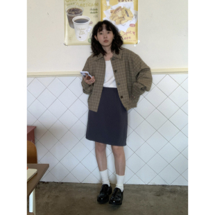 ifbeer复古灰蓝色韩版 显瘦女 五分裙高腰短裙ins松紧半身裙夏季