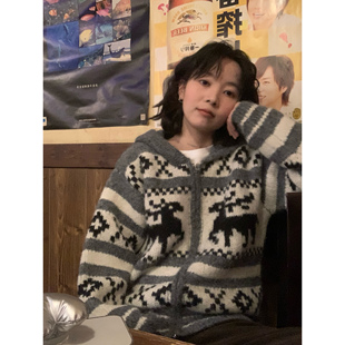 ！ifbeer圣诞韩版复古提花小鹿毛衣宽松灰色针织连帽拉链外套
