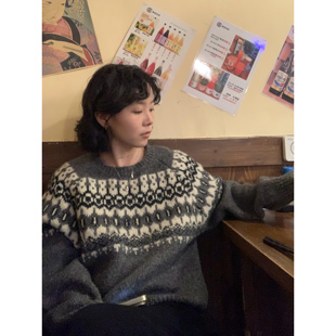 ifbeer羊毛深灰色费尔岛花纹毛衣提花套头宽松上衣女秋冬复古韩版