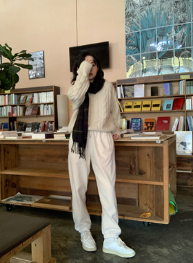 清仓！ifbeer摇粒绒奶黄色加厚卫裤复古宽松松紧腰直筒长裤束脚裤