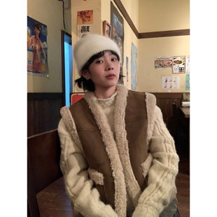 ifbeer复古栗色麂皮羊羔毛马甲皮毛一体宽松短款加厚外套韩女秋冬