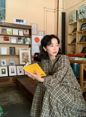 清仓！ifbeer复古韩版ins风卡其格子格纹长袖圆领连衣裙a子裙长裙