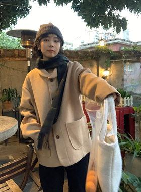 ifbeer50羊毛夹棉驼色毛呢加厚夹棉外套娃娃领直筒宽松复古秋冬女