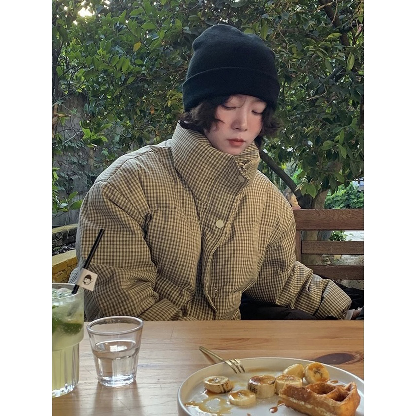 ifbeer复古韩版短款格子羽绒服90