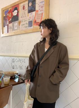 ifbeer复古百搭显瘦棕色西装外套ins韩版宽松中长款长袖女春秋