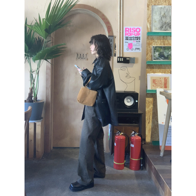 高腰复古ifbeer显瘦森林绿长裤