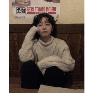 ifbeer复古卷边麻花半高领毛衣宽松套头针织衫女ins冬上衣韩ins