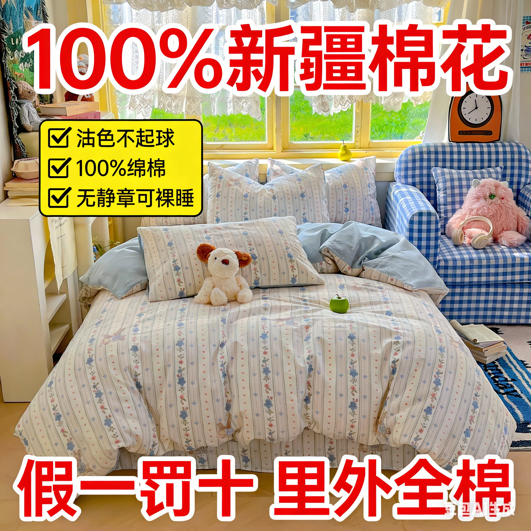 100%全棉三四件套季印花纯棉学生宿舍床单女孩床上用品单双人卡通