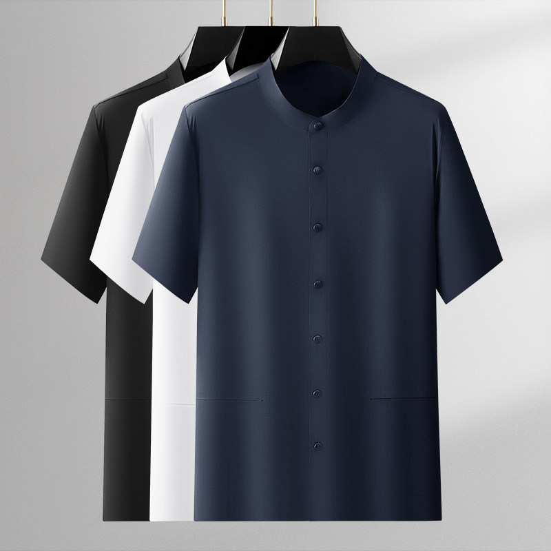 【高定新中式】双口袋中袖立领衬衫男夏季冰丝滑抗皱休闲半袖衬衣