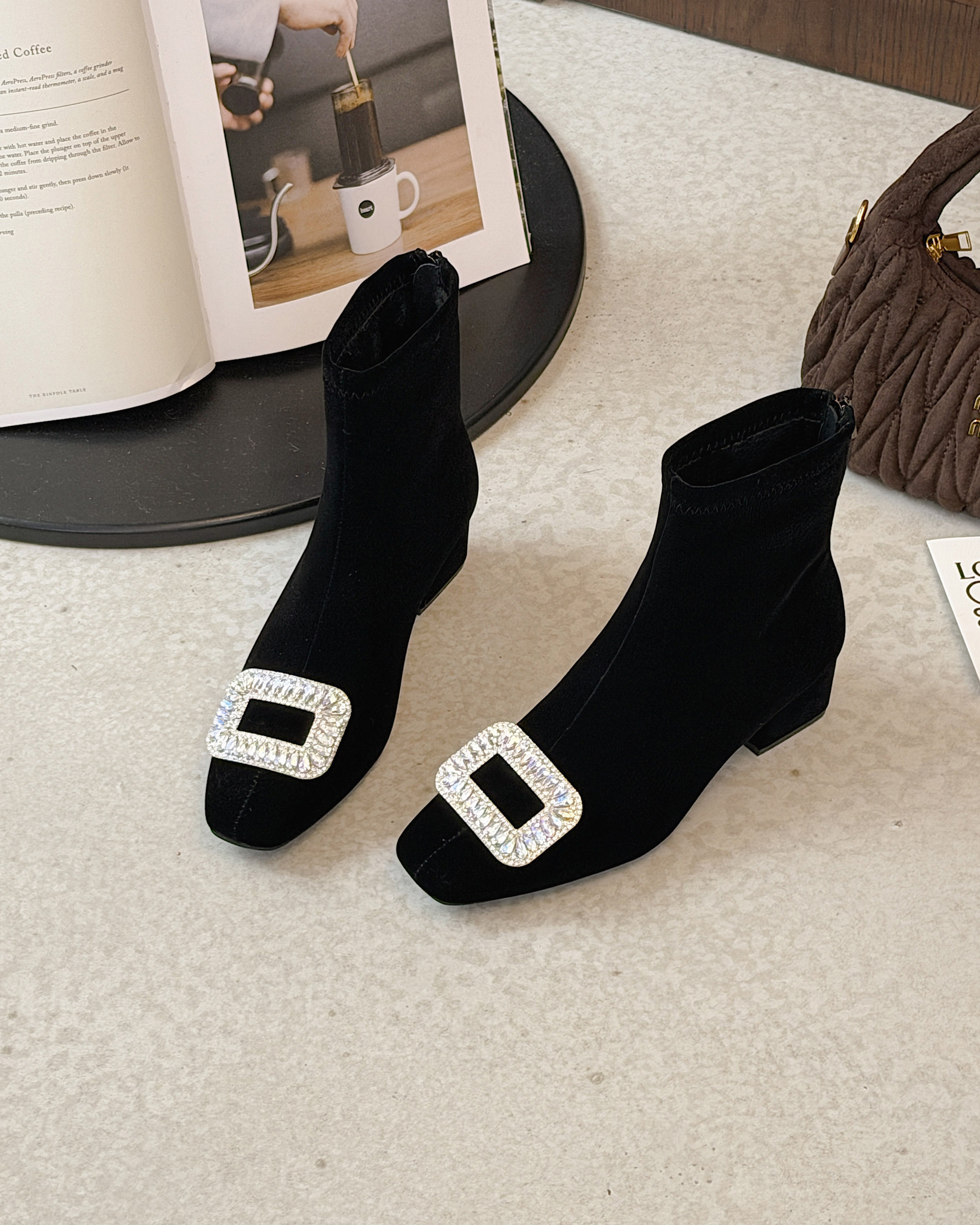 2025年新款粗跟短靴女秋冬百搭简约单靴水钻方头靴金丝绒弹力瘦瘦,女鞋,马丁靴,淘宝优惠券,粉丝福利购,淘宝优惠卷