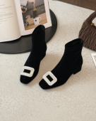 2025年新款 粗跟短靴女秋冬百搭简约单靴水钻方头靴金丝绒弹力瘦瘦