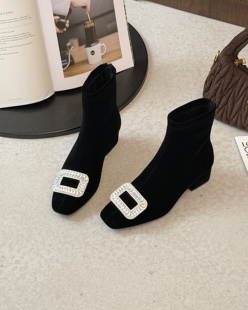 2025年新款粗跟短靴女秋冬百搭简约单靴水钻方头靴金丝绒弹力瘦瘦