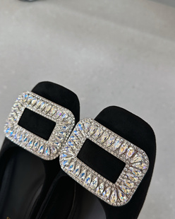 水钻单鞋女2025春款新款气质小方头3cm舒适黑色矮跟鞋