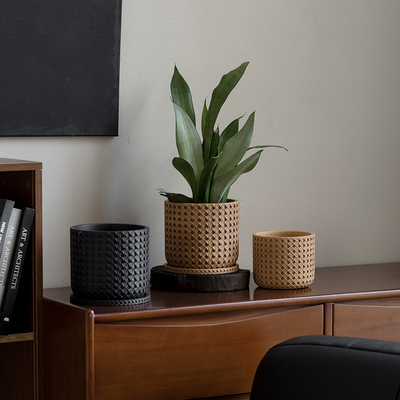 复古仿编织格子水泥小花盆带托盘客厅家居室内种多肉花器阳台摆件