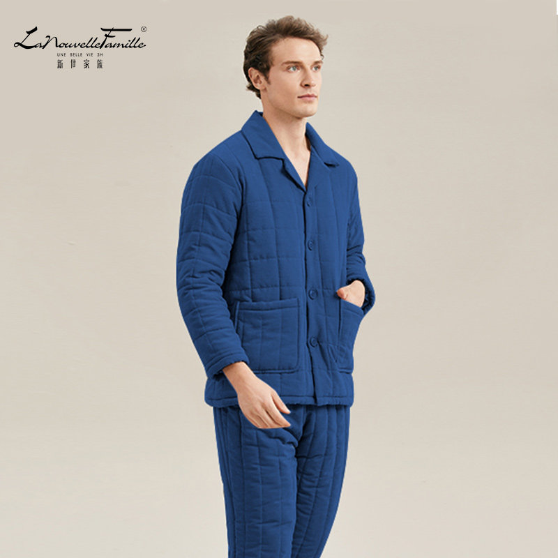 新世家族三层夹棉冬季睡衣男加绒加厚纯棉保暖家居服套装格子控