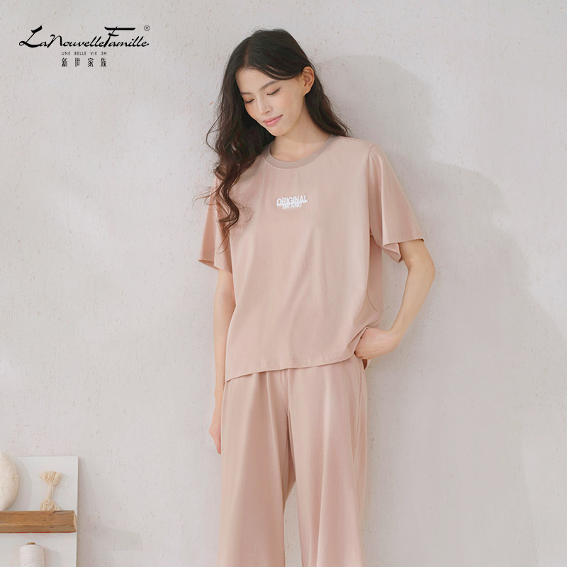 新世家族睡衣纯棉100%全棉女带胸垫夏天薄款短袖七八分裤家居服新