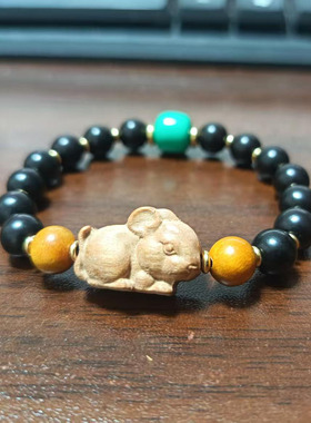 黑檀桃木生肖手链手串绿松石配珠女生气质原创鼠猪猴狗马礼物饰品