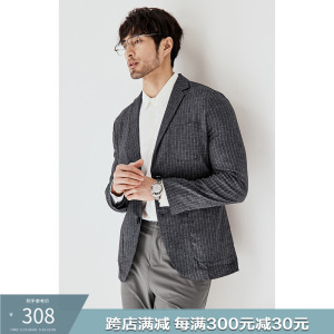 JSSD HOMME 亚麻便服西服男士条纹春秋季修身商务休闲西装外套男