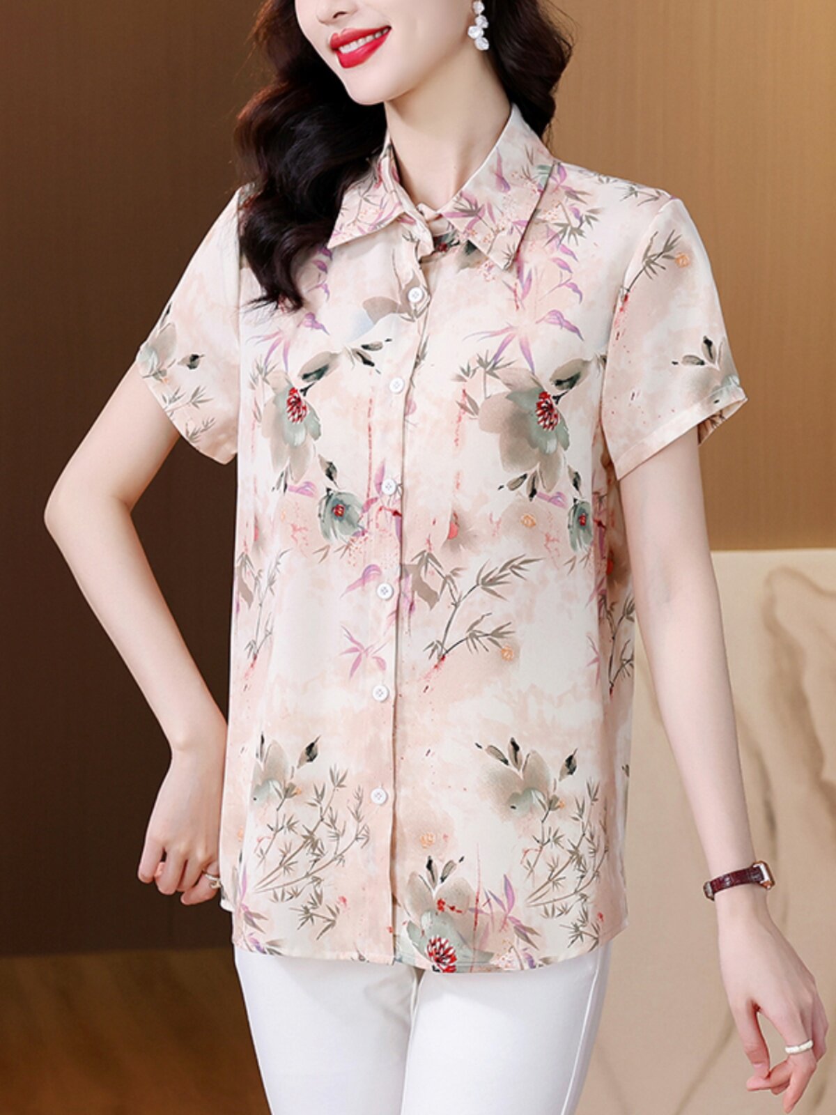 플러스 사이즈 여성 지방 MM 세련된 슬림 꽃 무늬 가디건 고급 외국 스타일 중년 및 노인 어머니의 작은 셔츠 루즈 탑 여름