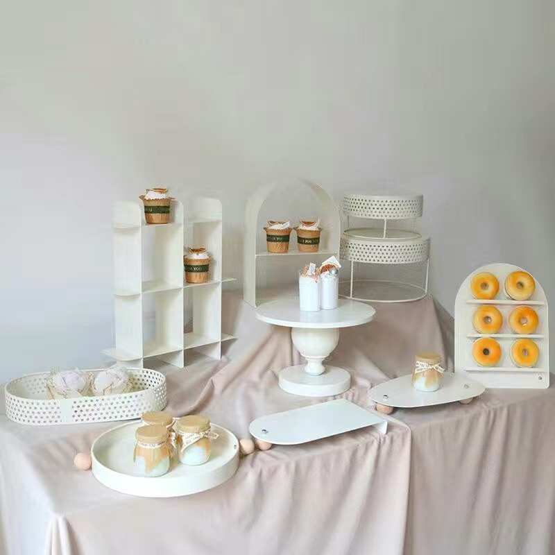 奶油色风格甜品台摆件展示架婚礼摆台装饰生日蛋糕架铁艺点心托盘