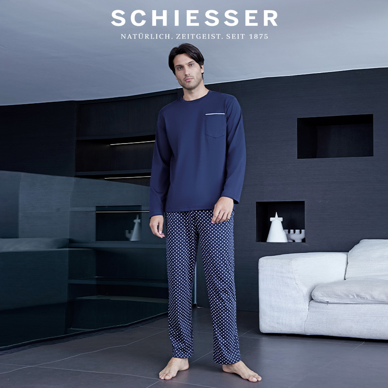 SCHIESSER舒雅男士40S纯棉双面布印花圆领睡衣家居服套装21670H