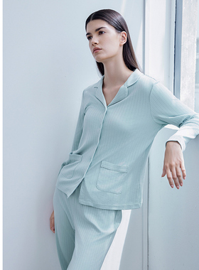 SCHIESSER舒雅女士棉莫代尔双面抽条小翻领睡衣家居服套装21846H