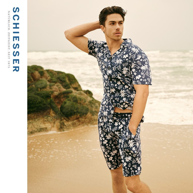 SCHIESSER舒雅男士纯棉印花翻领开衫亲肤宽松大码睡衣家居服套装