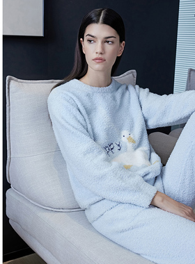 SCHIESSER舒雅女士暖绒绒开心鸭半边绒加绒加厚家居服套装21735H