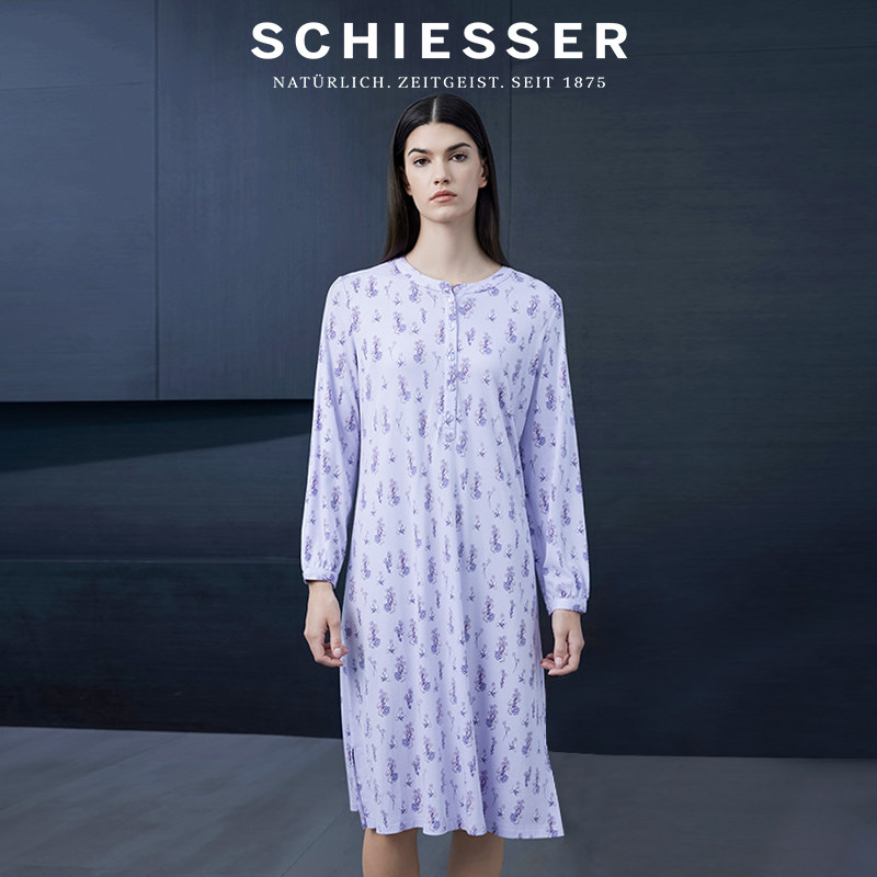 SCHIESSER舒雅女士40S棉莫代尔双面布印花圆领长袖家居睡裙21514D