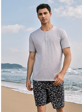 SCHIESSER舒雅男士纯棉条纹印花圆领宽松大码睡衣家居服套装22558