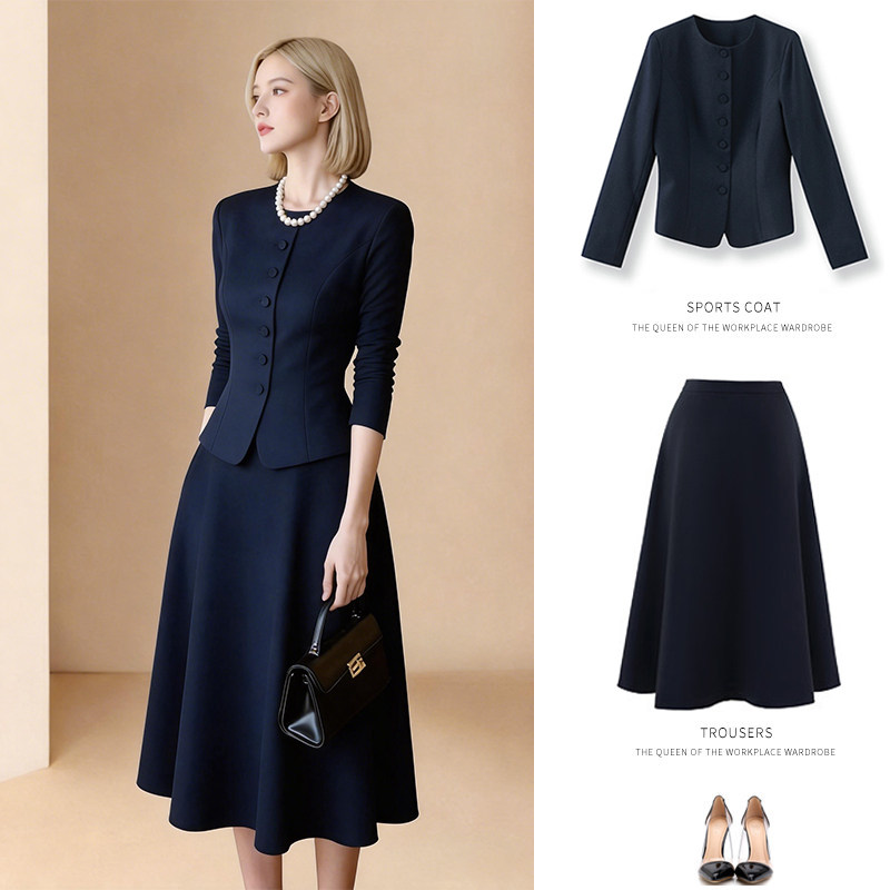 2026年春夏新款通勤职业修身西装套装秋深蓝色正装面试穿搭套装裙