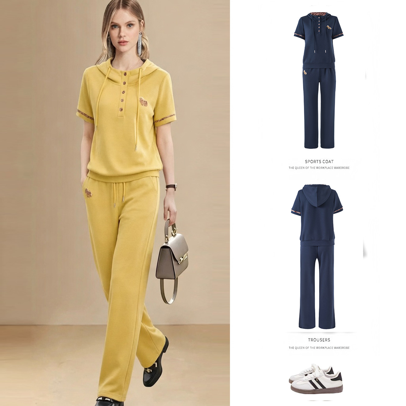 2026年春夏新款运动风连帽卫衣套装夏短袖直筒休闲两件套时尚套装