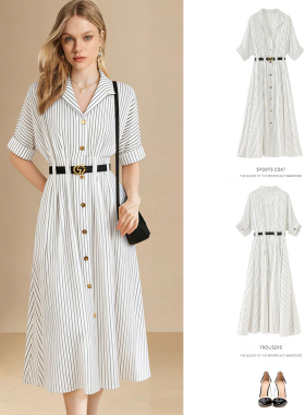 2026年春夏新款通勤风条纹衬衫连衣裙女单排扣收腰显瘦气质高级感