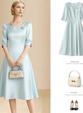 法式轻奢女2026春季新款优雅气质方领中长款A字大摆丝毛连衣裙女