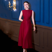 端庄大气 立领礼服裙女钉钻收腰中长款 2026年春夏新款 优雅红色无袖