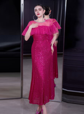 优雅轻奢亮片晚礼服女长裙重工艺荷叶边收腰鱼尾玫红连衣裙高级感