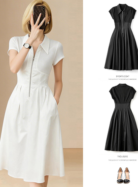 2026年夏新款简约风翻领衬衫连衣裙女收腰显瘦A字裙赫本风小黑裙