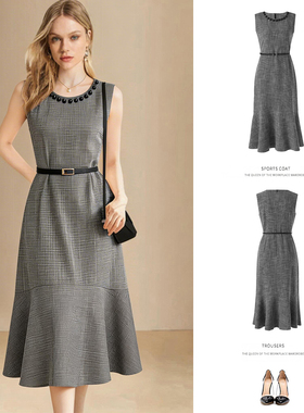 2026年春夏新款轻奢优雅风无袖钉珠领收腰鱼尾裙高级感通勤中长裙