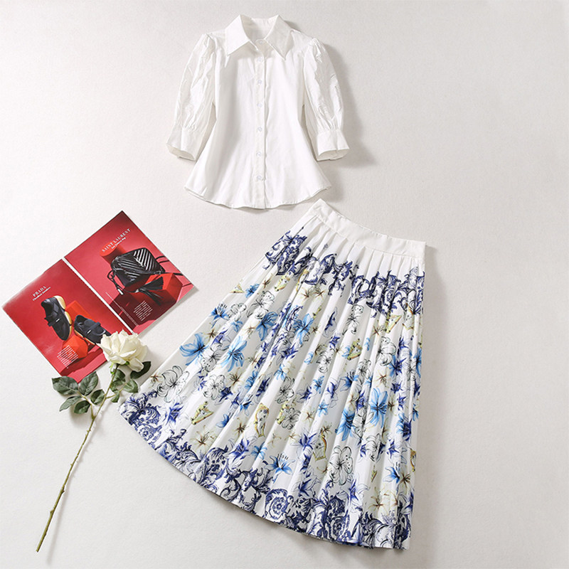 欧洲站2026早春新款设计感绣花白衬衫高腰印花压褶半身裙套装通勤