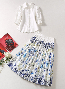 欧洲站2026早春新款设计感绣花白衬衫高腰印花压褶半身裙套装通勤