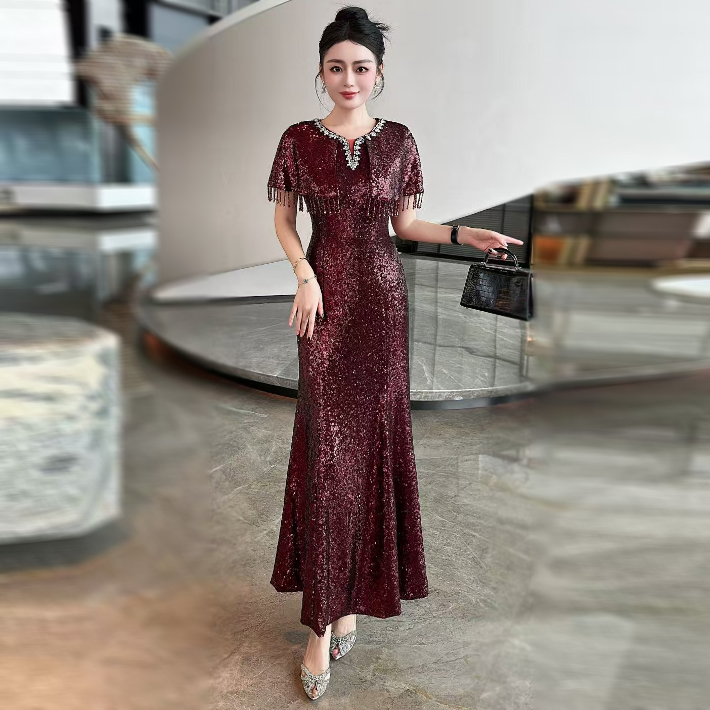 优雅红色亮片镶钻流苏鱼尾长裙气质宴会礼服遮肉显瘦喜妈妈喜婆婆