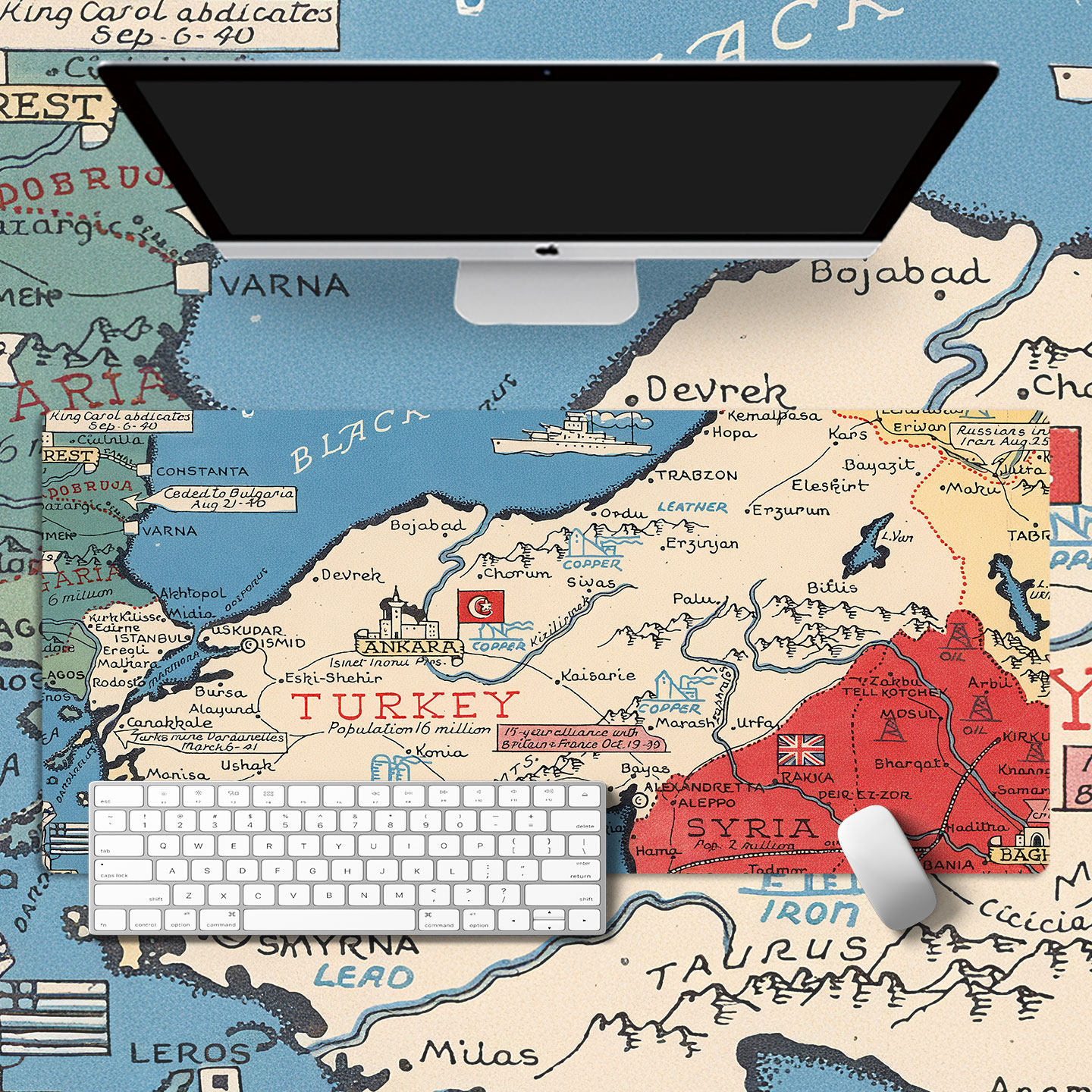 复古新款地图超大橡胶鼠标垫电脑锁边游戏键盘书桌垫学生防滑鼠垫