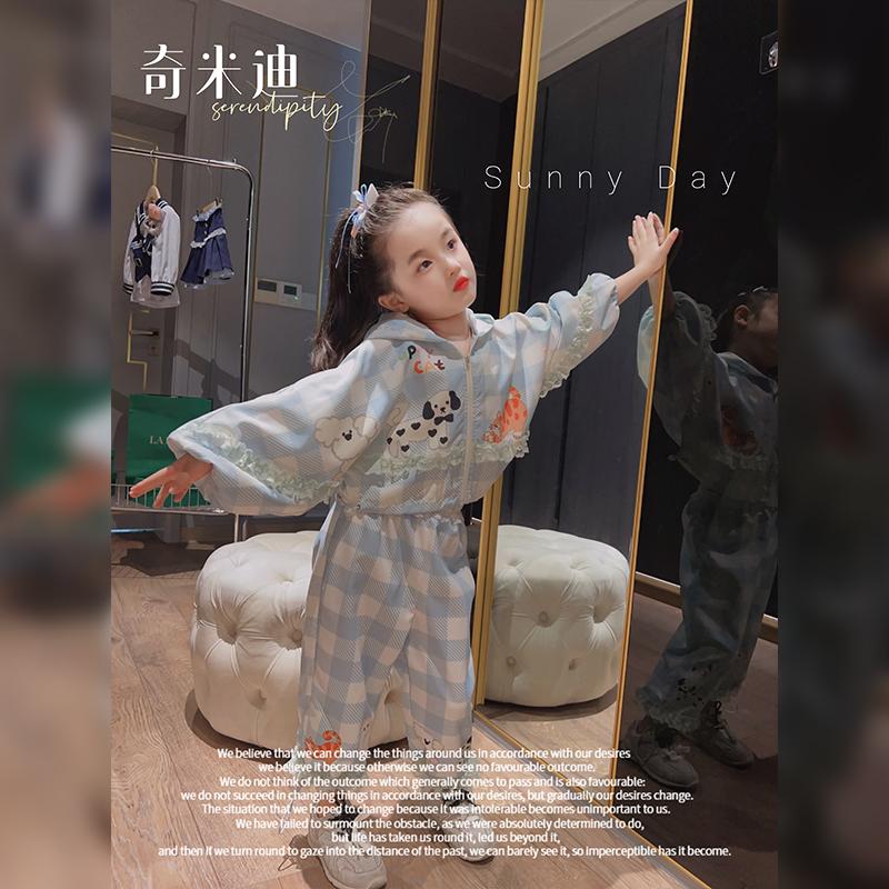 奇米迪女童卡通格子套装春装新款儿童宽松休闲连帽卫衣两件套
