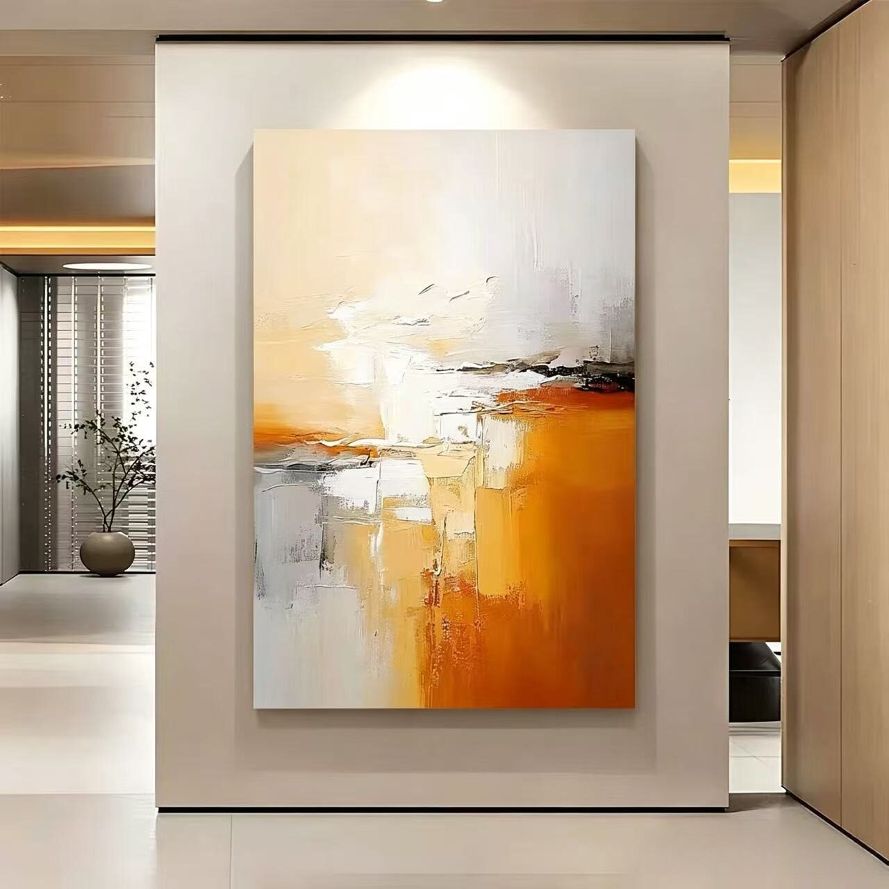 手绘油画抽象暖色沙发背景墙挂画
