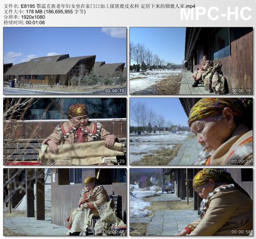 鄂温克族老年妇女坐家门口加工揉搓鹿皮衣料驯鹿人家高清视频素材